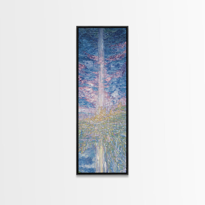 Radiant Sky Beam Utopia Framed Canvas Print, Futuristic City Wall Art, Blue Cloudscape, Dreamy Modern Home Decor, Large Decor Art