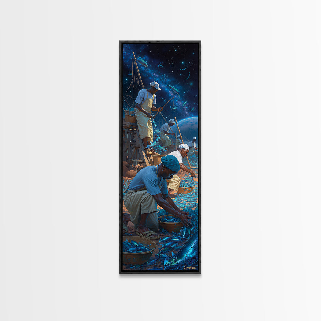 Starlit Fishermen Sorting Blue Catch Framed Canvas Print, Cosmic Seascape Wall Art, Coastal Work Scene, Unique Decor, Gift For Him