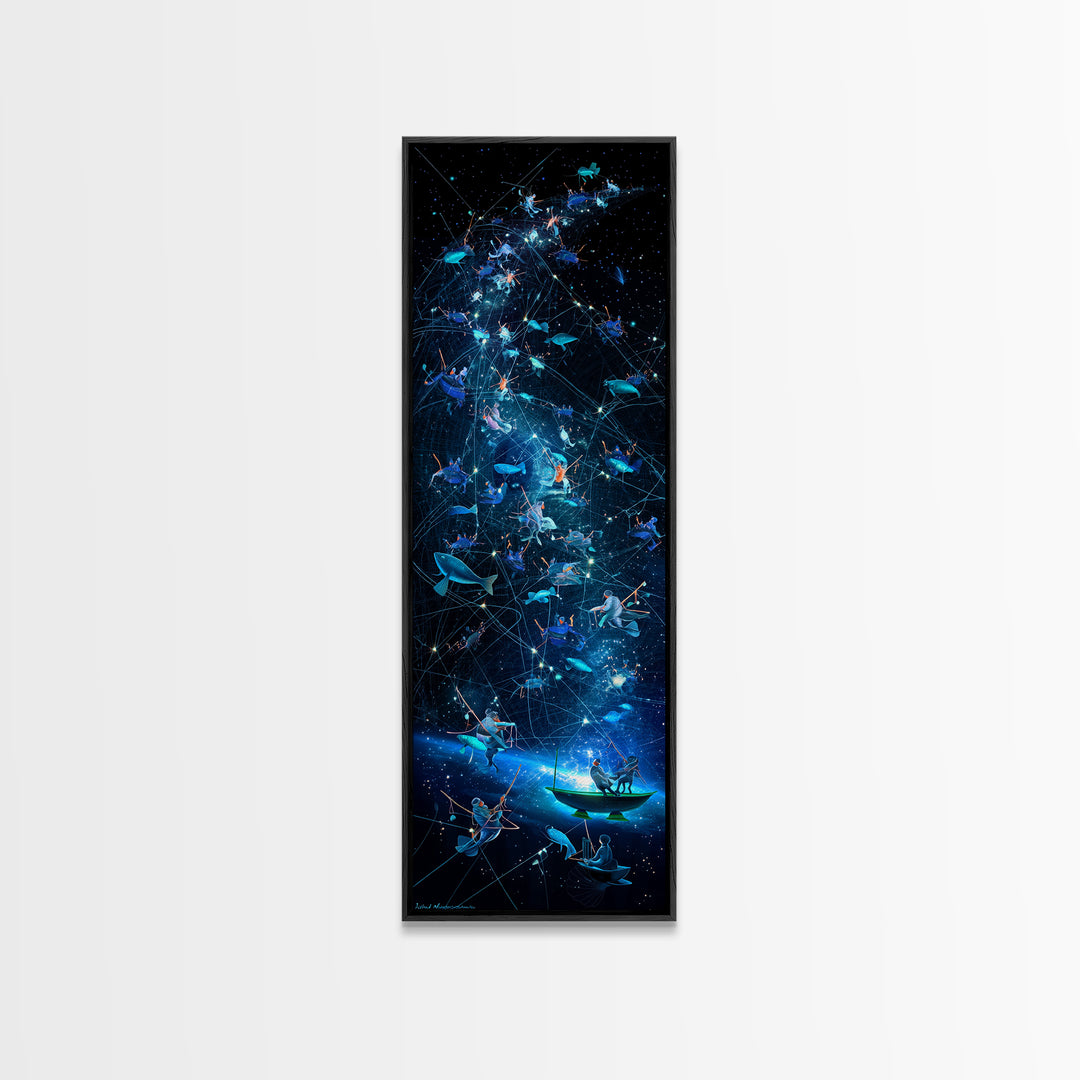 Glowing Fish Constellation Wall Art, Cosmic Ocean Canvas Print, Blue Galaxy Sea Life, Dreamy Nautical Modern Decor, Large Decor Art