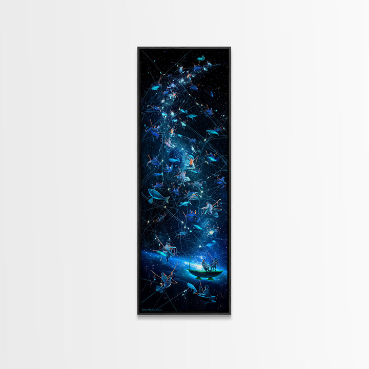 Glowing Fish Constellation Wall Art, Cosmic Ocean Canvas Print, Blue Galaxy Sea Life, Dreamy Nautical Modern Decor, Large Decor Art
