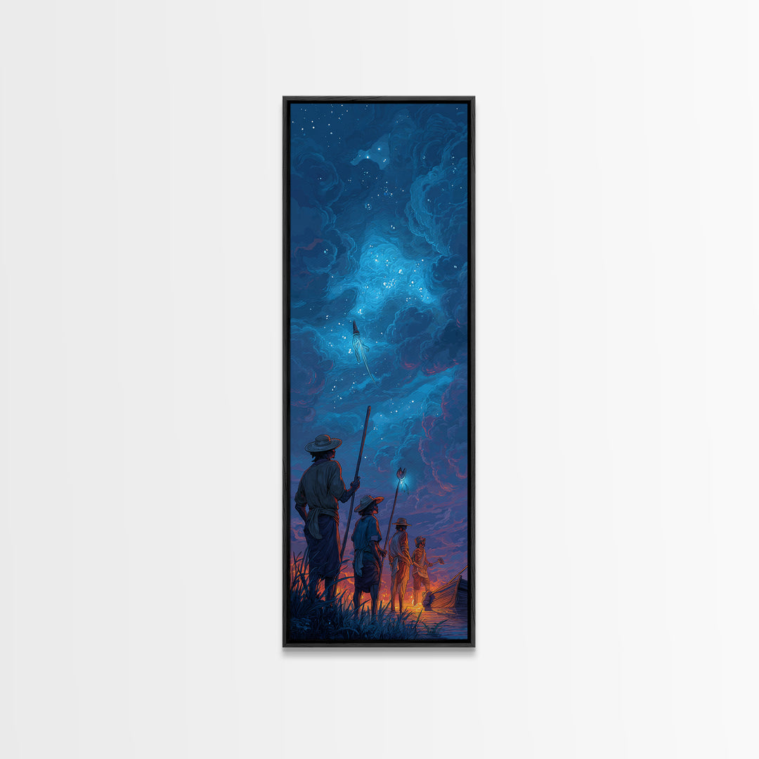 Starry Blue Storm Watchers Wall Art, Fantasy Cloudscape Canvas Print, Silhouette Adventure Decor, Mystical Night Sky, Dreamy Wall Art