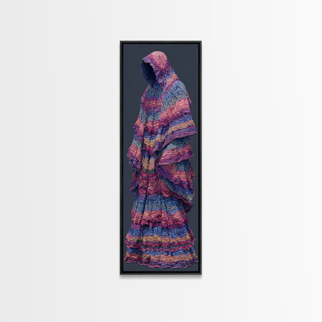 Hooded Indigo Textile Woman Canvas Print, African Woman Art, Pink Blue Patterned Robe, Feminine Boho Wall Decor Gift For Her