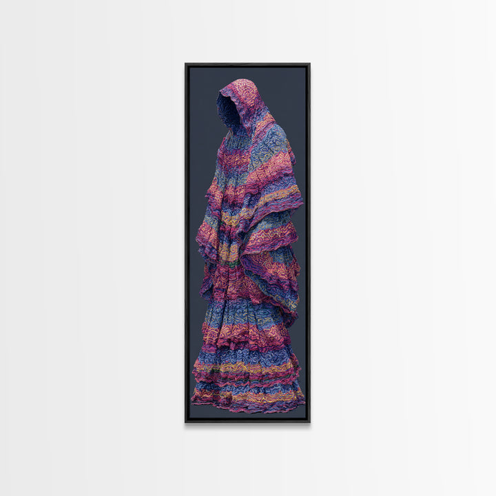 Hooded Indigo Textile Woman Canvas Print, African Woman Art, Pink Blue Patterned Robe, Feminine Boho Wall Decor Gift For Her