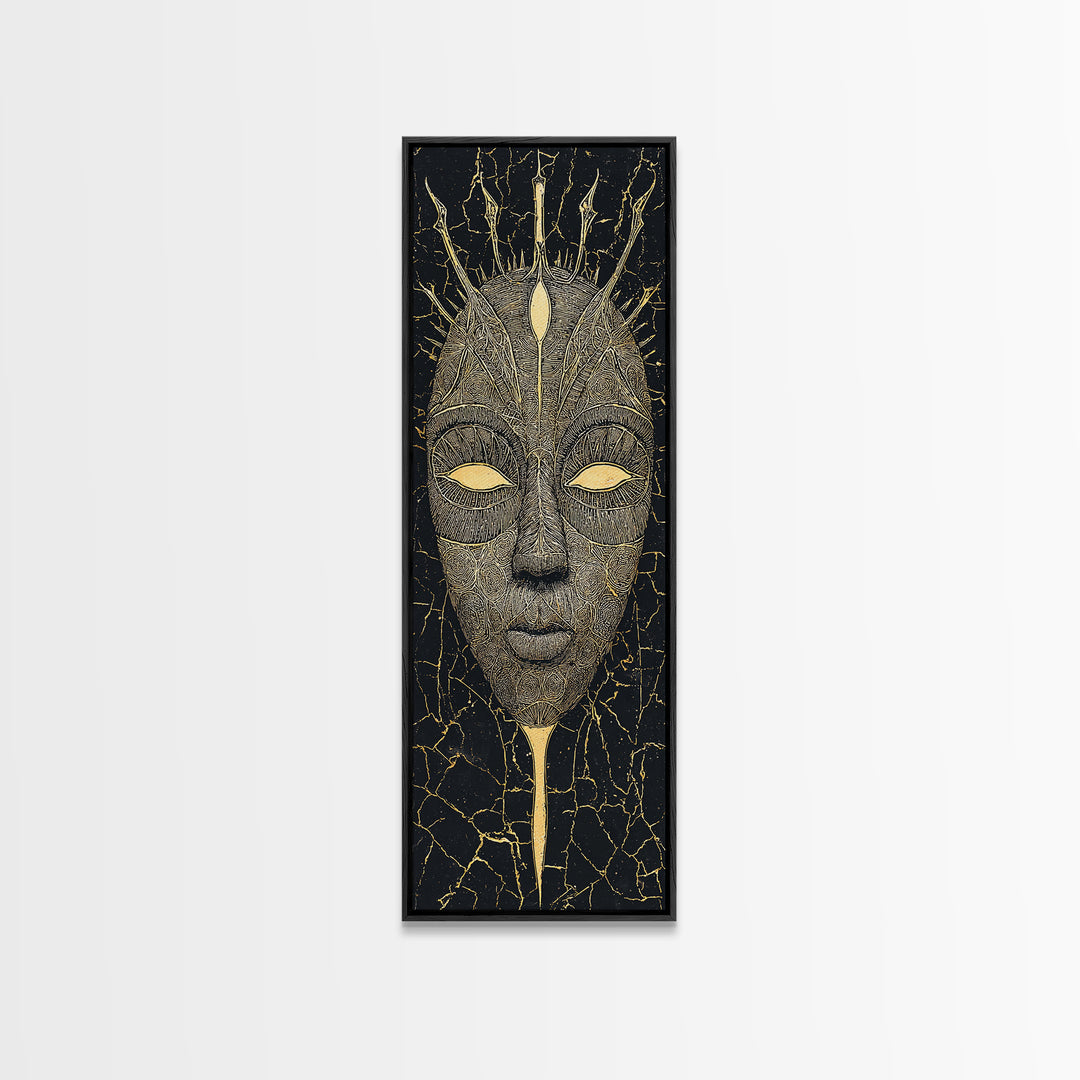 Crowned Ritual Mask Canvas Print, Golden African Tribal Art, Black Gold Face Portrait, Spiritual Wall Decor Gift For Home