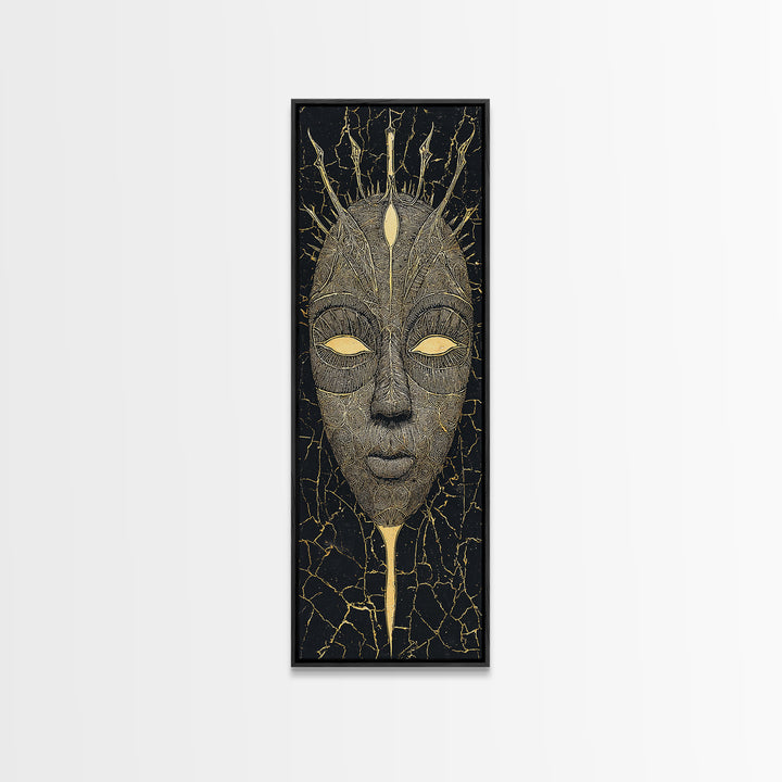 Crowned Ritual Mask Canvas Print, Golden African Tribal Art, Black Gold Face Portrait, Spiritual Wall Decor Gift For Home