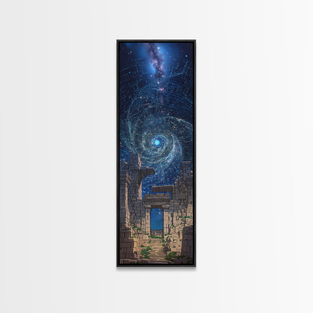 Cosmic Spiral Portal Over Ancient Ruins Canvas Print, Starry Galaxy Wall Decor, Mystical Wall Art, Blue Fantasy Gift For Her