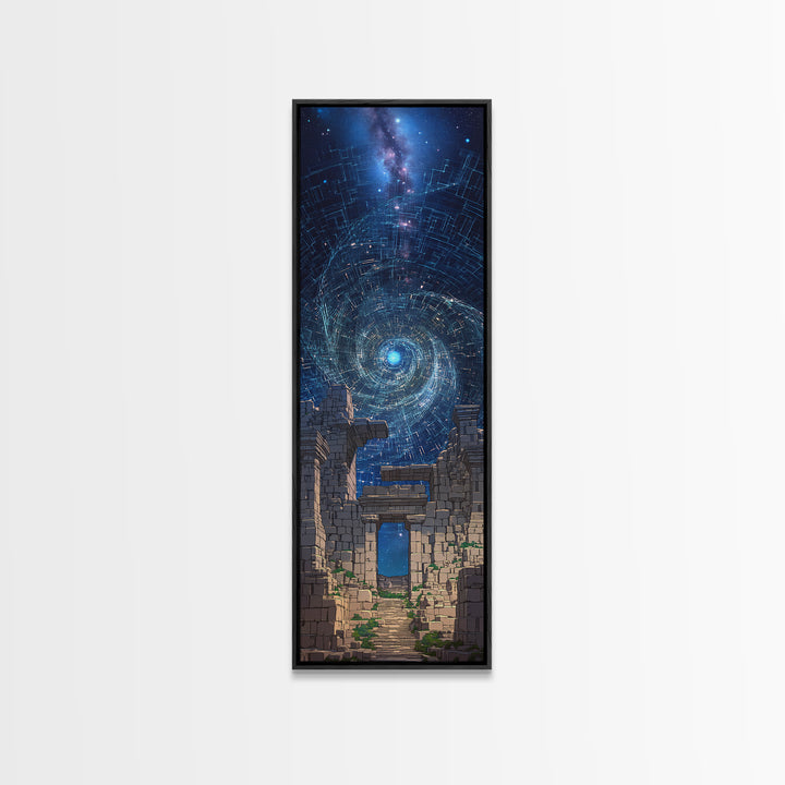 Cosmic Spiral Portal Over Ancient Ruins Canvas Print, Starry Galaxy Wall Decor, Mystical Wall Art, Blue Fantasy Gift For Her