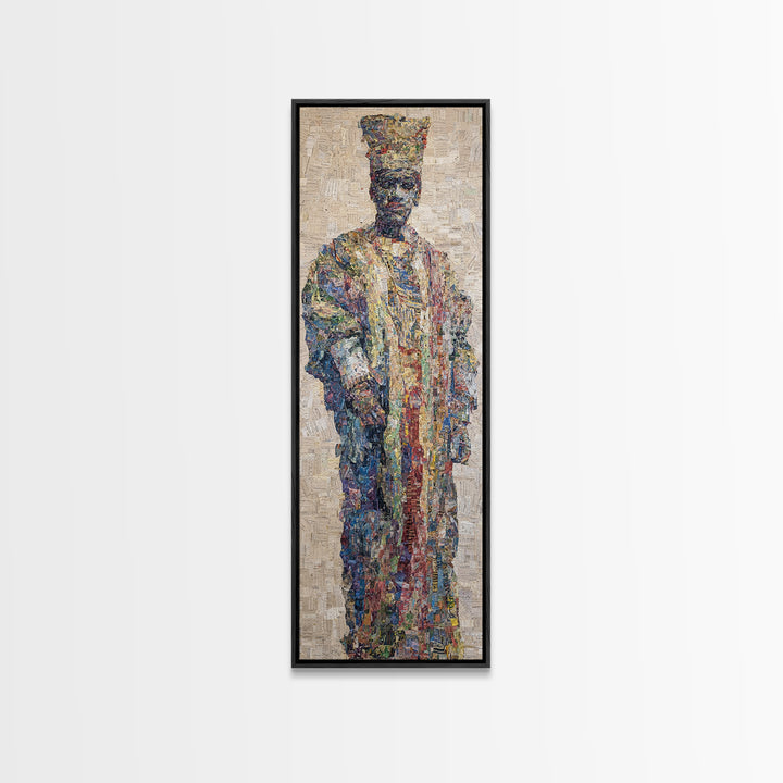 Regal Mosaic African King Framed Canvas Print, Textured Cultural Portrait, Afrocentric Wall Art, Elegant Home Decor Gift