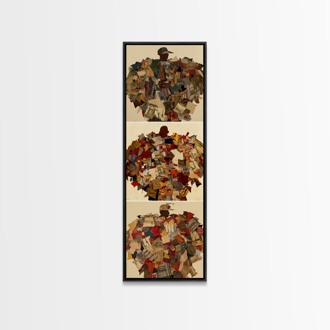Patchwork Collage Figure Triptych Wall Art, African Fabric Abstract Portraits, Boho Textile Decor, Modern Canvas Print Gift