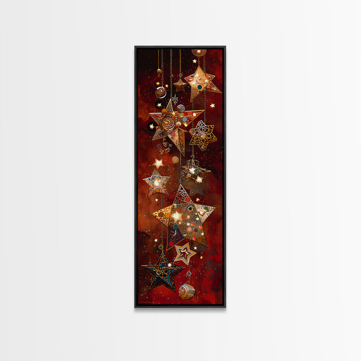 Hanging Mosaic Star Ornaments Framed Canvas Print, Red Celestial Wall Art, Holiday Decor, Bohemian Home Decor Gift For Her