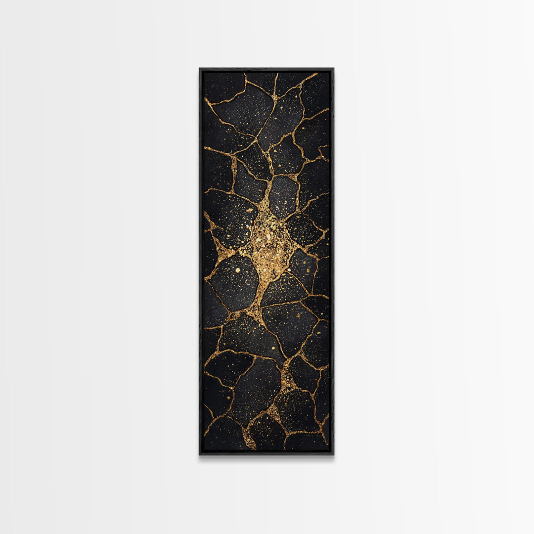 Black Gold Kintsugi Crackle Wall Art, Abstract Stone Canvas Print, Luxury Modern Home Decor, Earth Tone Art Gift For Living Room