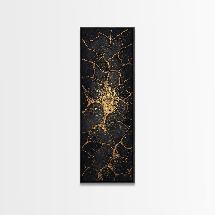 Black Gold Kintsugi Crackle Wall Art, Abstract Stone Canvas Print, Luxury Modern Home Decor, Earth Tone Art Gift For Living Room