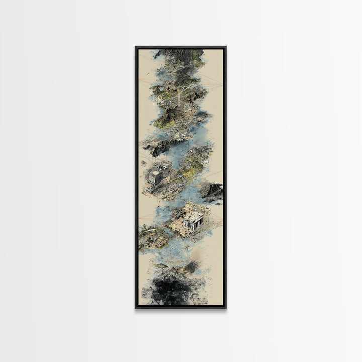 Floating Temple Ruins In Misty Clouds Framed Canvas Print, Ancient African Art Decor, Beige Abstract Landscape Wall Art Gift