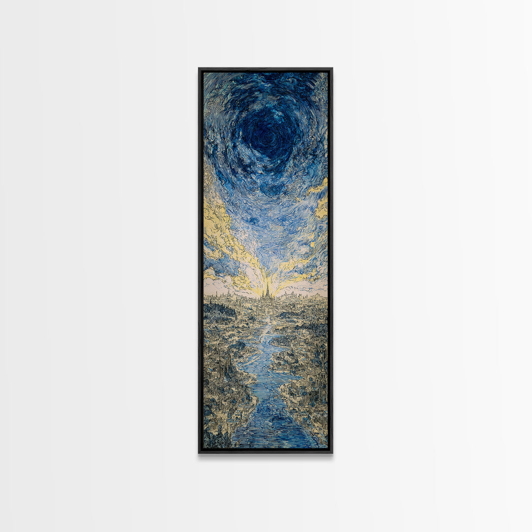 Blue Vortex Sky Above River Valley Wall Art, Abstract Landscape Canvas Print, Modern Nature Scene Art, Dreamy Home Decor