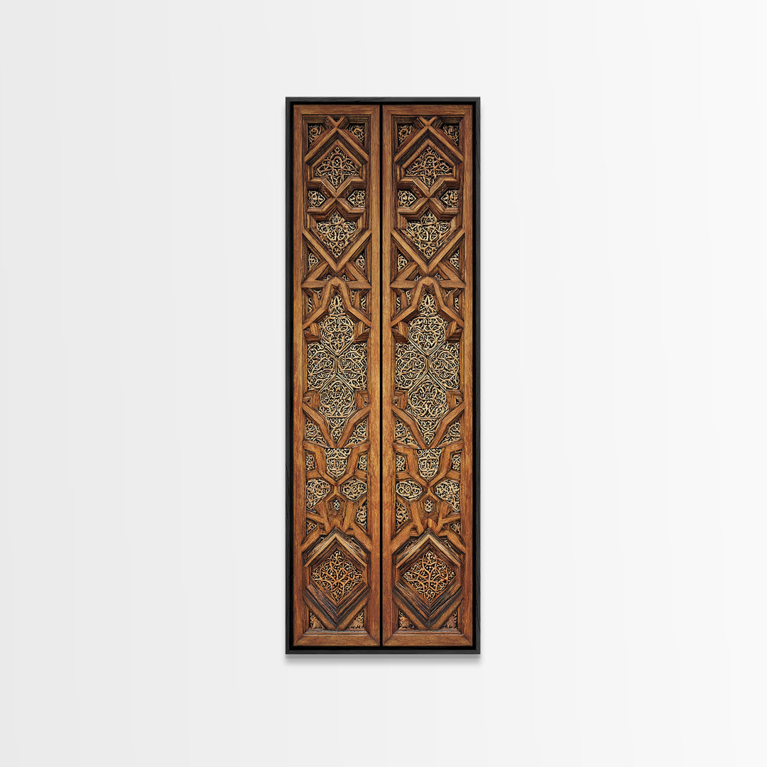 Wood And Gold African Lattice Door Panels Framed Canvas Print, Tribal Wall Decor, African Patterns, Rustic Decor, Statement Piece