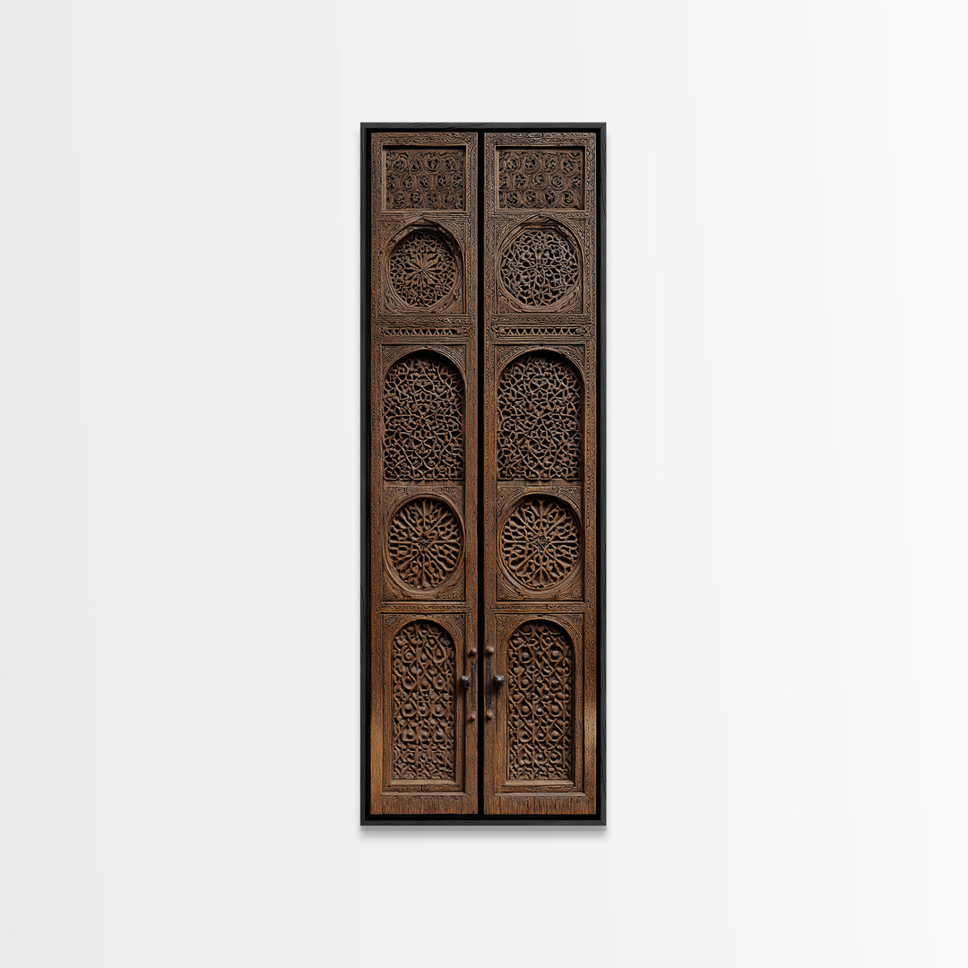 Intricate Antique Wooden Door Canvas Print, Moroccan African Wall Art, Tribal Pattern Decor, Bohemian Home Decor Statement