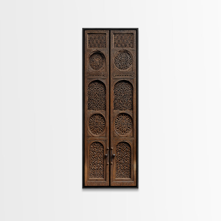 Intricate Antique Wooden Door Canvas Print, Moroccan African Wall Art, Tribal Pattern Decor, Bohemian Home Decor Statement
