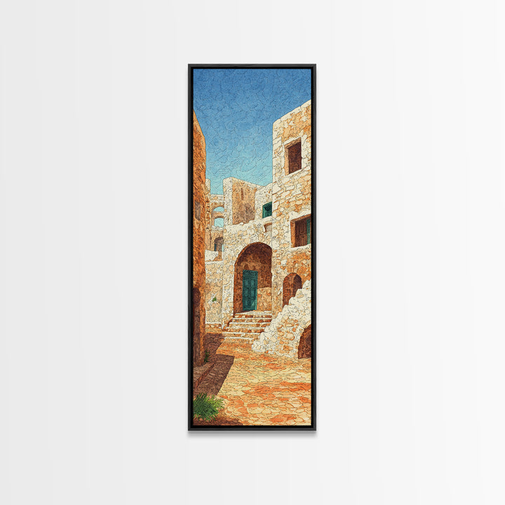 Sunlit Stone Medina Alley Canvas Print, Moroccan Blue Door Wall Art, African Travel Decor, Rustic Beige Home Decor Gift Print