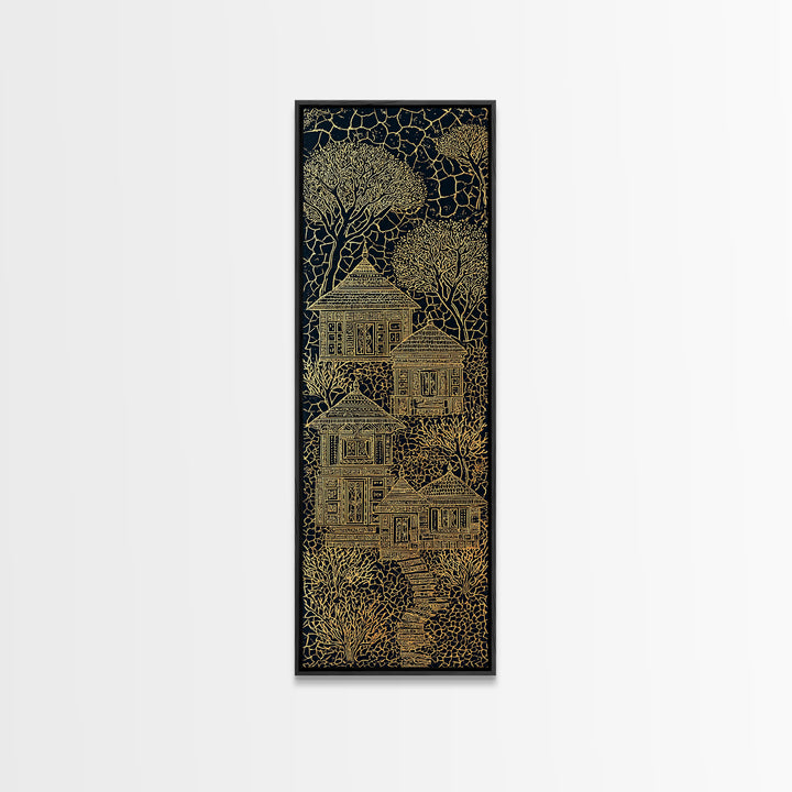 Golden Line Art Village House Canvas Print, African Inspired Black And Gold Wall Art, Boho Tribal Decor, Unique Home Decor
