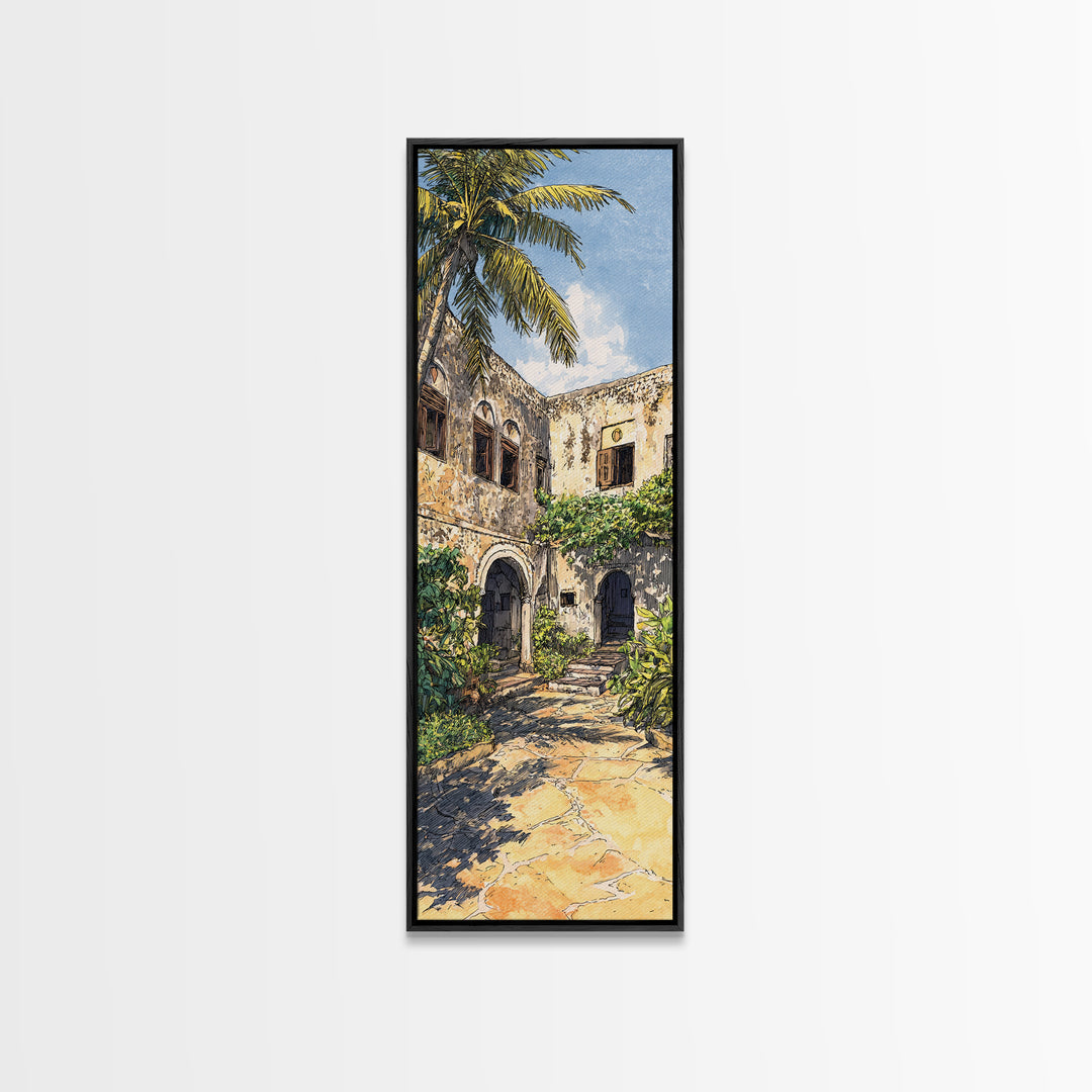 Tropical Ruin Courtyard Wall Art, Zanzibar Palm Architecture Canvas Print, African Travel Decor, Botanical Home Decor Gift