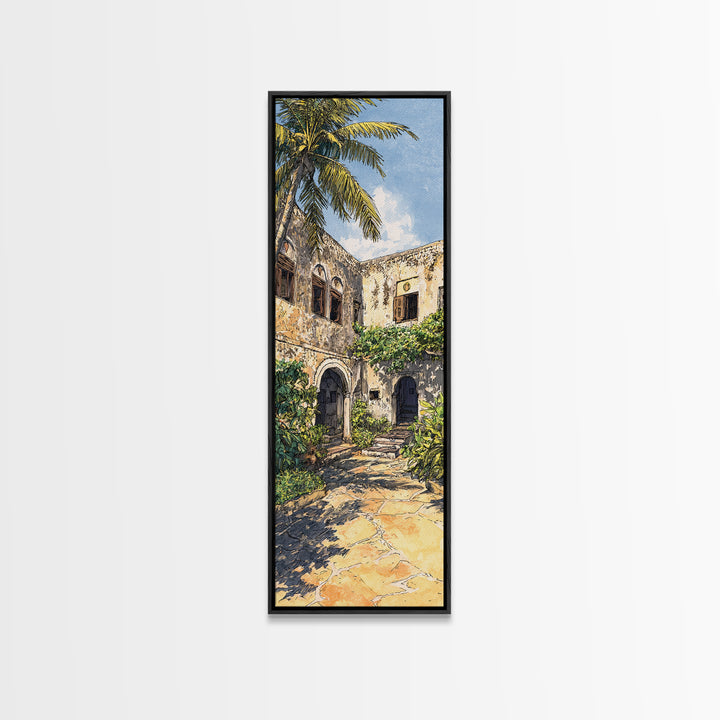 Tropical Ruin Courtyard Wall Art, Zanzibar Palm Architecture Canvas Print, African Travel Decor, Botanical Home Decor Gift