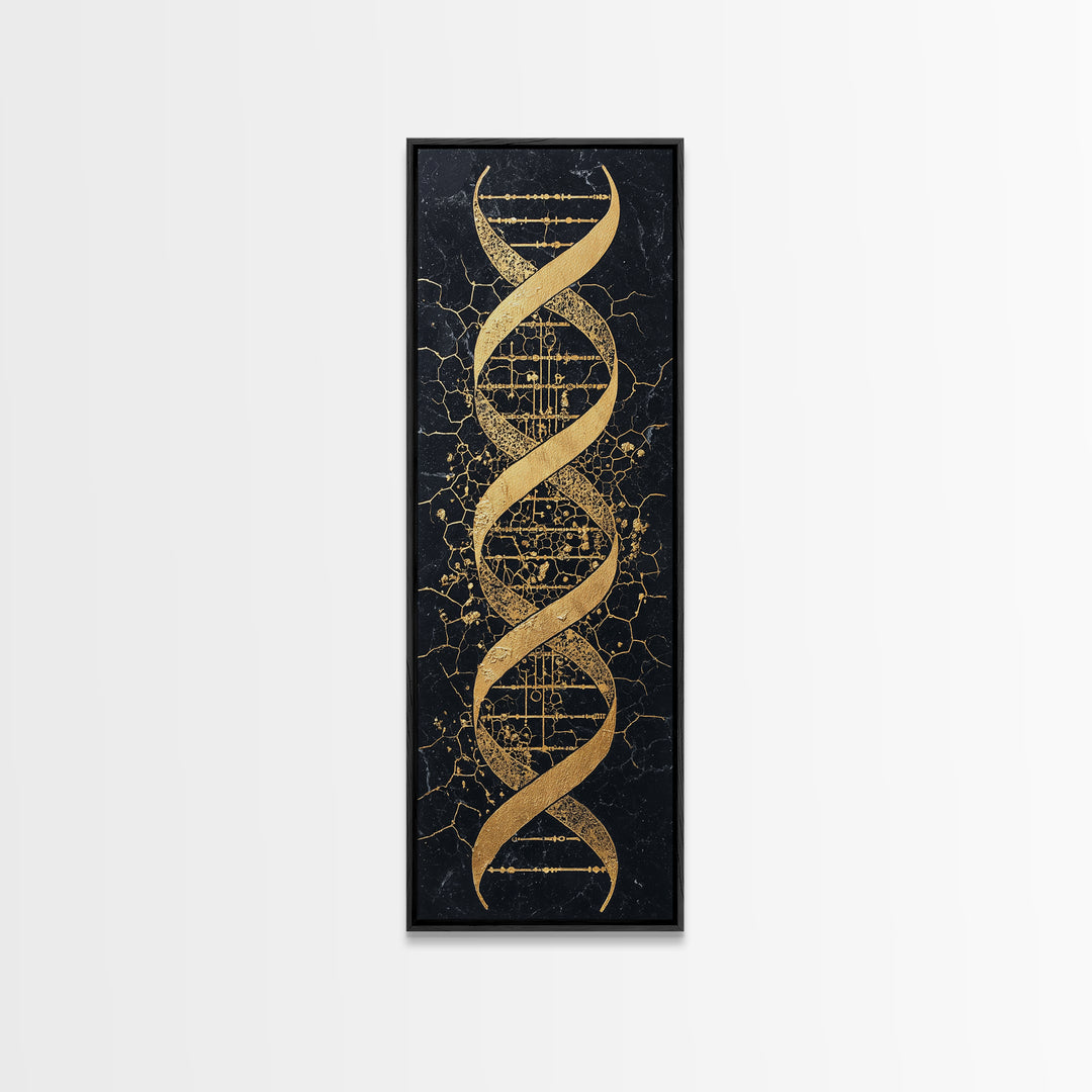 Gold DNA Helix On Black Cracked Background Canvas Print, Science Wall Art, Black And Gold Art, Modern Office Decor Gift For Him