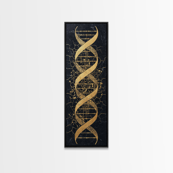 Gold DNA Helix On Black Cracked Background Canvas Print, Science Wall Art, Black And Gold Art, Modern Office Decor Gift For Him