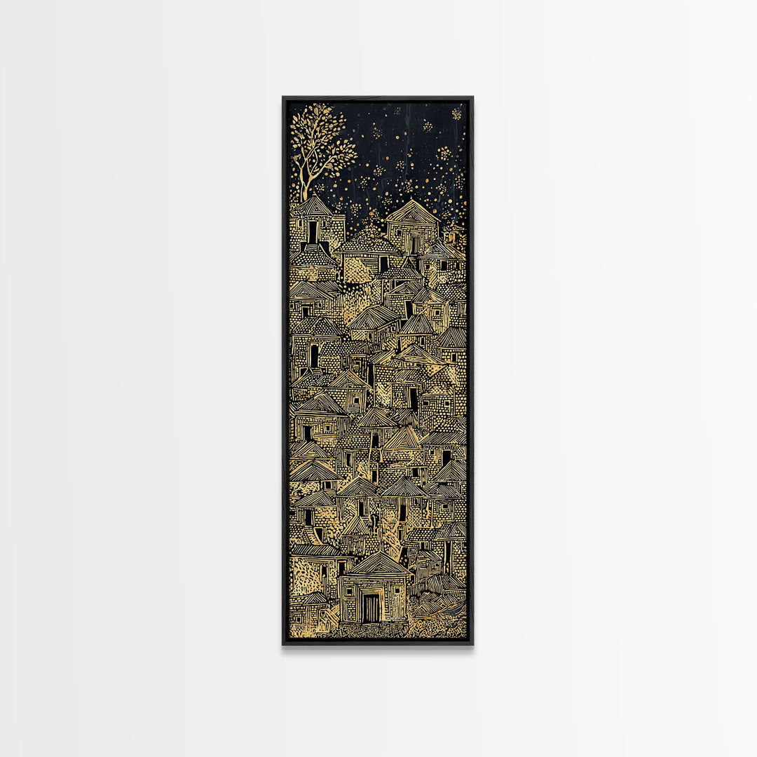 Golden Rooftop Village Canvas Print, African Inspired Black And Gold Wall Art, Detailed Line Drawing, Boho Home Decor Gift