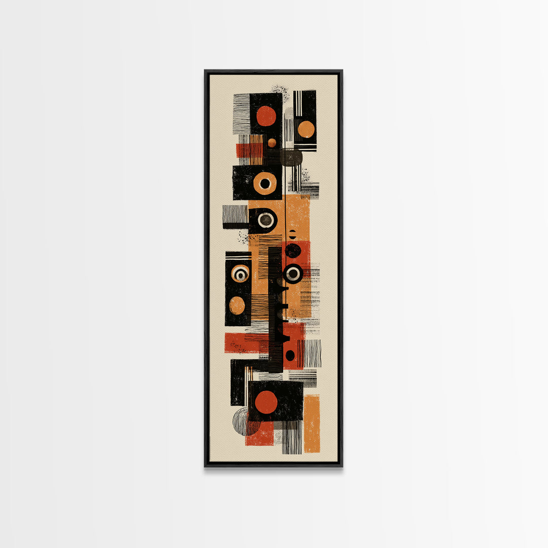 Orange Black Mid Century Geometric Blocks Canvas Print, Abstract African Inspired Wall Decor, Modern Minimalist Office Art