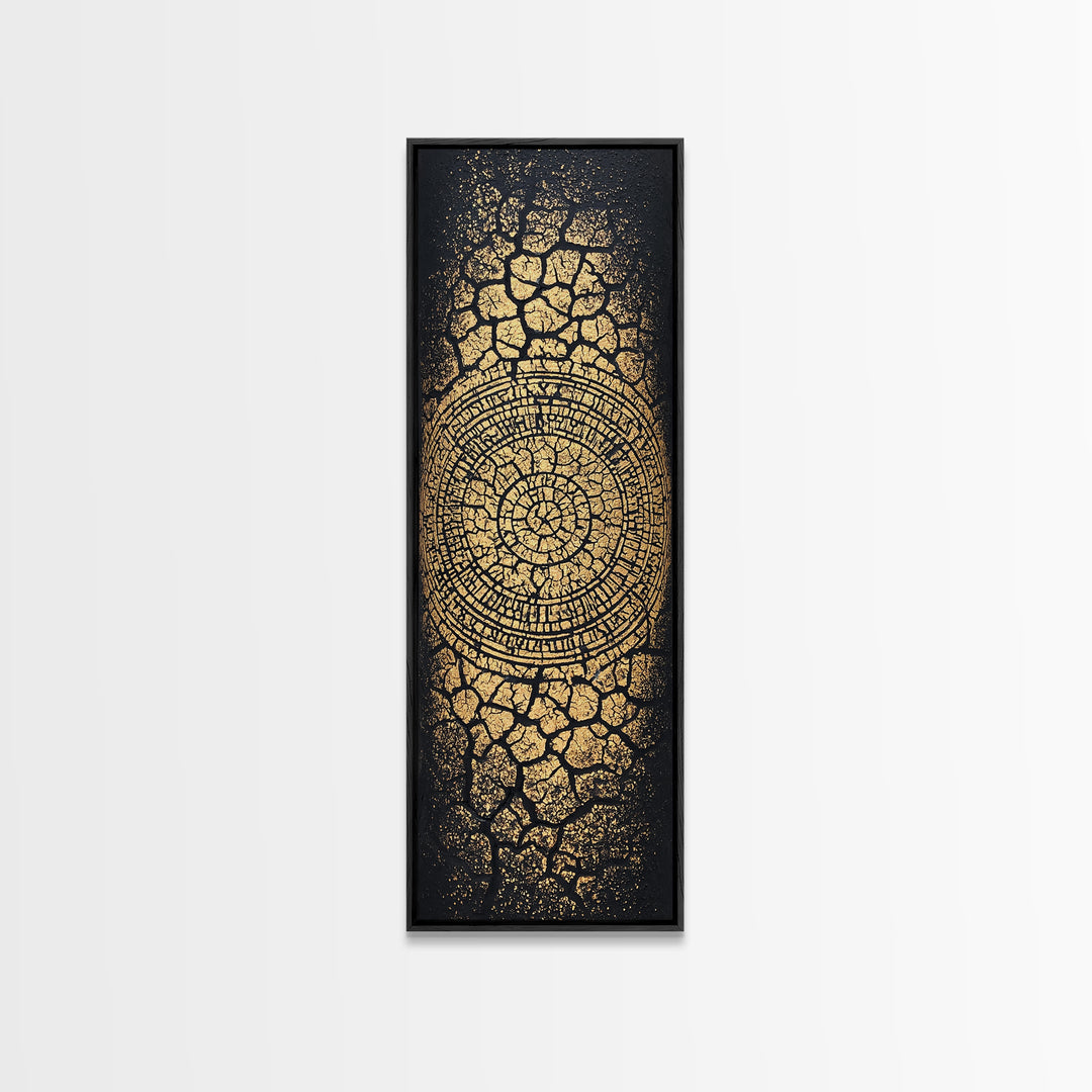 Gold Spiral On Black Cracked Texture Wall Art, African Inspired Abstract Canvas Print, Luxe Tribal Modern Home Decor Gift
