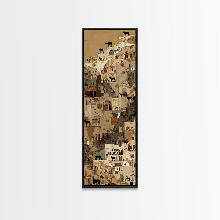 Cliffside Desert Village With Goats And Tiny Figures Canvas Print, North African Wall Art, Cultural Travel Home Decor Gift
