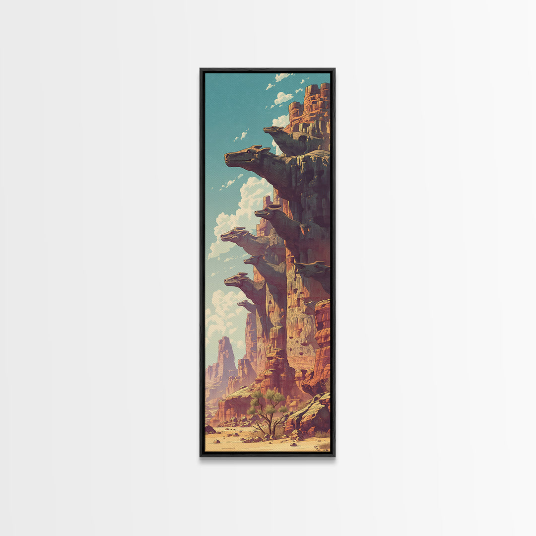 Sunlit Canyon Cliffs With Floating Rock Platforms Wall Art, Fantasy Desert Landscape Canvas Print, Unique Statement Decor