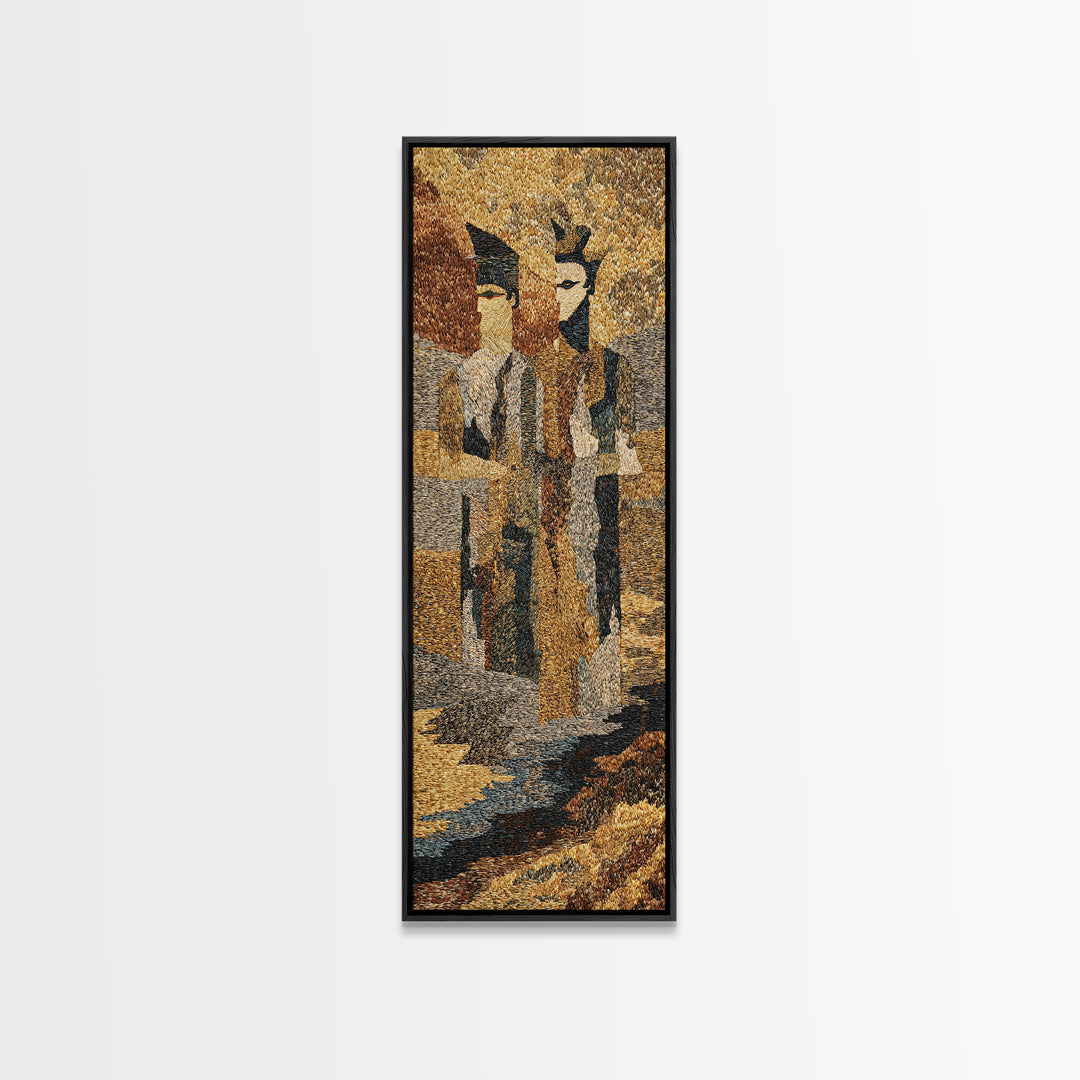 Textured African Tribal Figures Framed Canvas Print, Modern African Art Decor, Mask Portrait, Earth Tone Cultural Wall Art