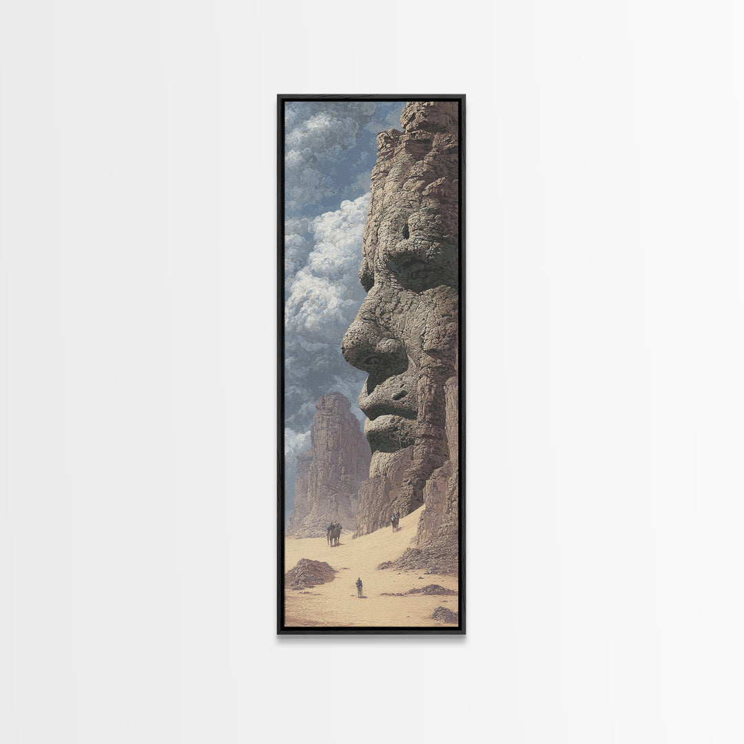Giant Stone Face In Desert Canvas Print, Ancient African Landscape, Mystical Monument Wall Art, Sahara Explorer Decor Gift