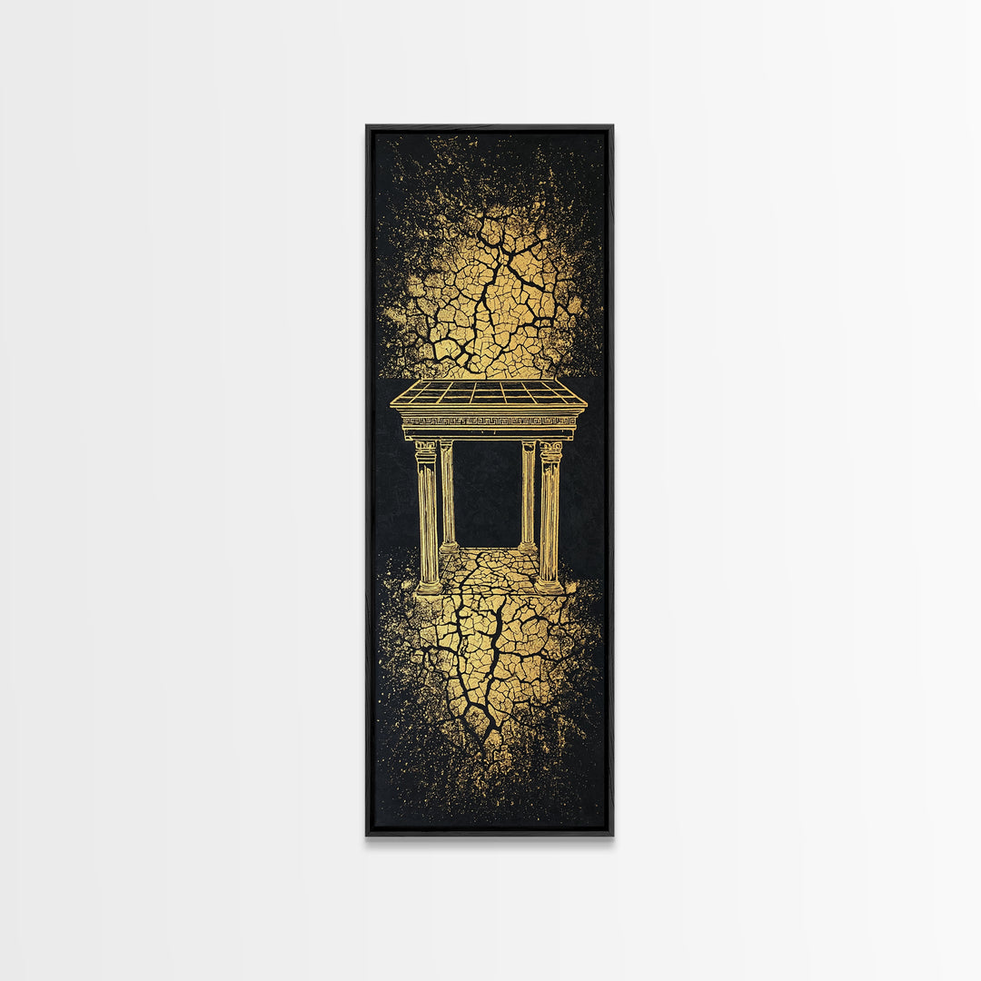 Golden Temple Portal Wall Art, Cracked Black Abstract African Inspired Decor, Ancient Ruins Canvas Print For Elegant Home