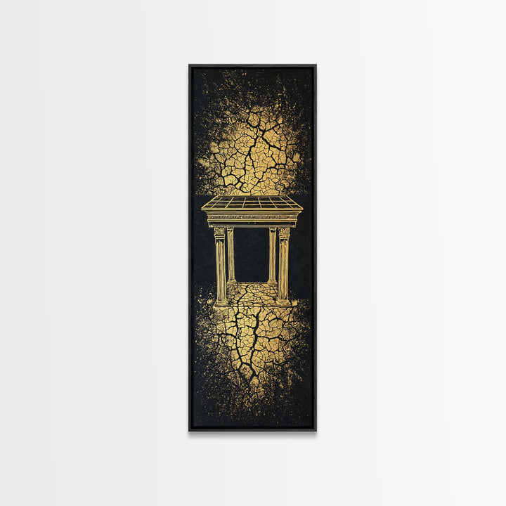 Golden Temple Portal Wall Art, Cracked Black Abstract African Inspired Decor, Ancient Ruins Canvas Print For Elegant Home