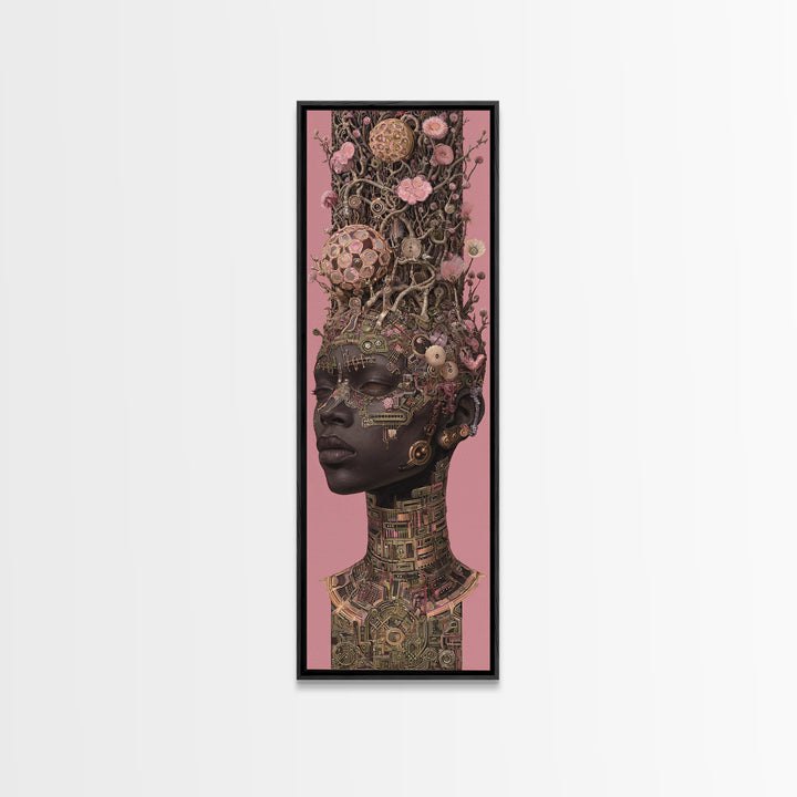 Regal Black Woman With Floral Tech Headdress Framed Canvas Print, African Queen Wall Art, Afrocentric Decor Gift For Her