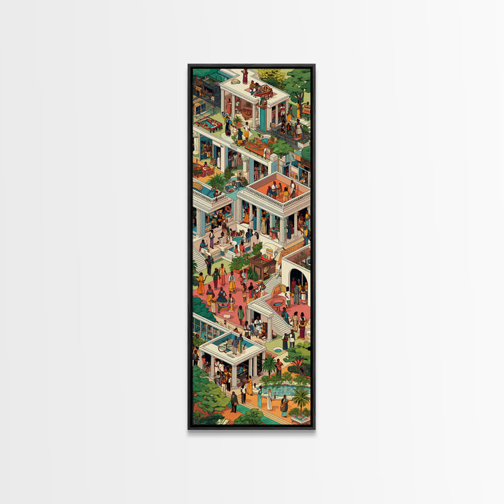 Lush African Courtyard Villa Canvas Print, Isometric Garden Party Wall Decor, Elegant Home Art, Modern Cultural Gift For Her