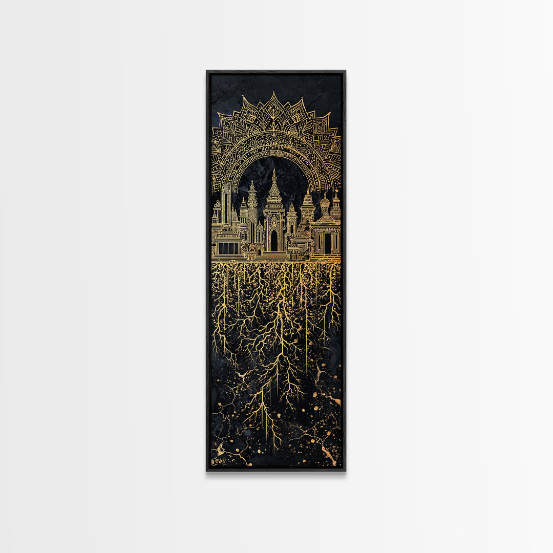 Gold Islamic Arch And Rooted Palace Framed Canvas Print, Black Spiritual Wall Art, Ornate Cultural Decor, Luxury Gift For Home