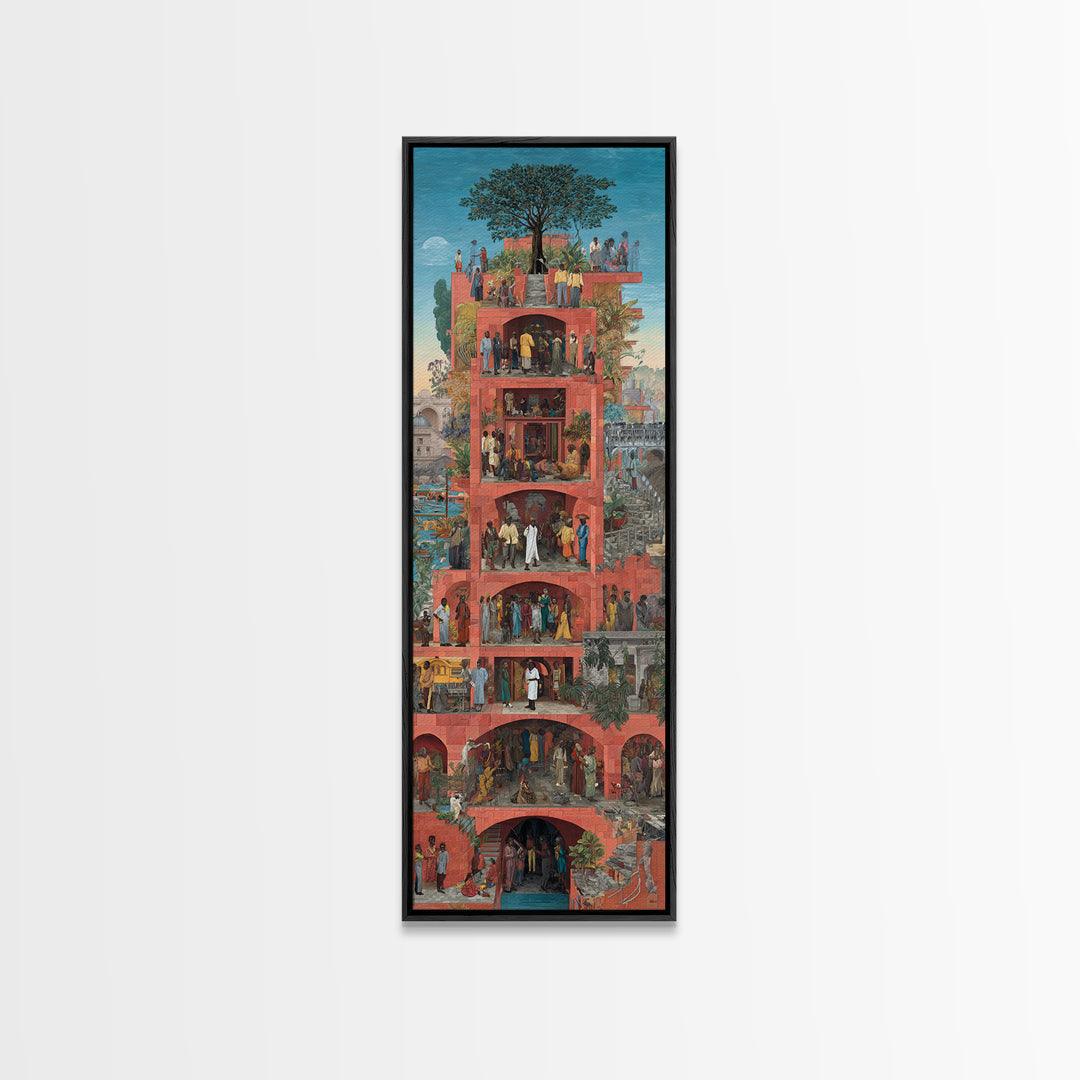 Red Vertical Community Tower Canvas Print, African City Life Wall Art, Tree Rooftop Garden, Cultural Home Decor Gift For Her