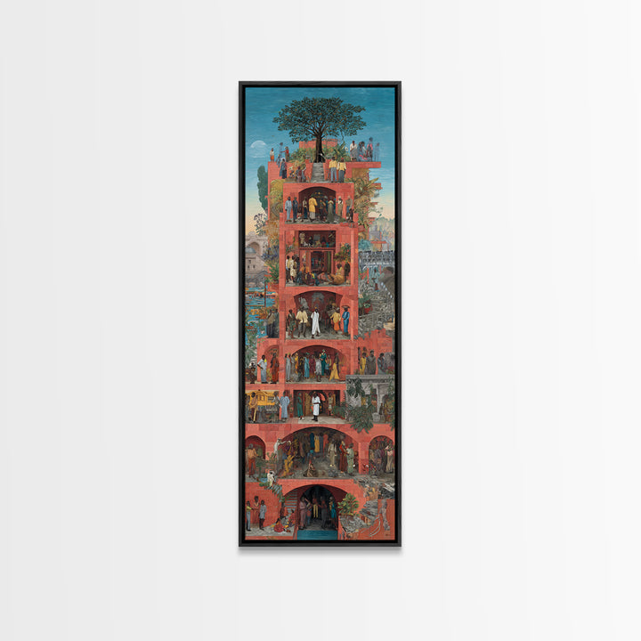 Red Vertical Community Tower Canvas Print, African City Life Wall Art, Tree Rooftop Garden, Cultural Home Decor Gift For Her