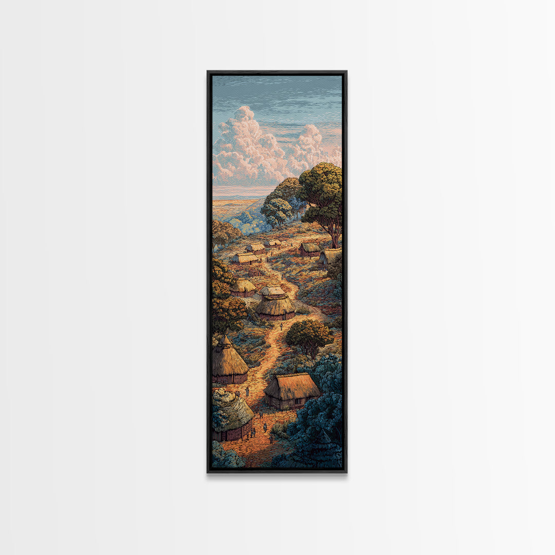 Sunlit Hillside African Village Framed Canvas Print, Boho Landscape Wall Decor, Nature Scene Art, Warm Earth Tone Gift Idea