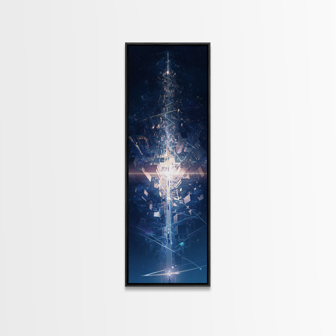 Futuristic Blue Light Tower In Dark Digital City, Canvas Print, Modern Abstract Wall Art, Afrofuturism Office Decor Gift