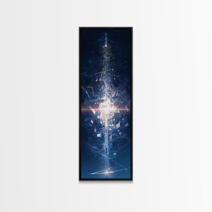 Futuristic Blue Light Tower In Dark Digital City, Canvas Print, Modern Abstract Wall Art, Afrofuturism Office Decor Gift