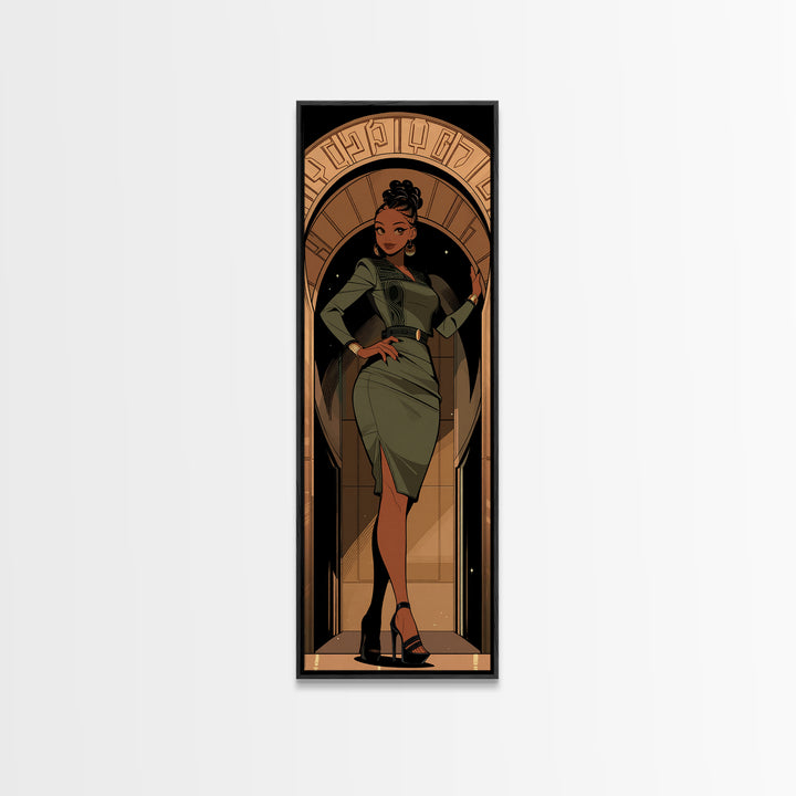 Elegant Black Woman In Green Dress Framed Canvas Print, Afrocentric Wall Art, Fashion Portrait, Black Beauty Home Decor, Gift