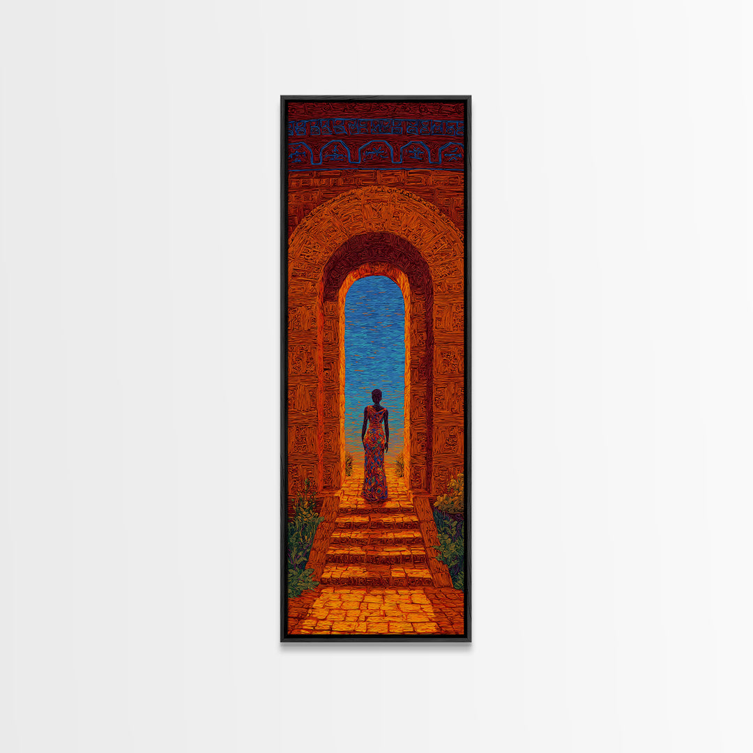 African Woman In Ornate Arch Wall Art, Blue Sea Doorway Painting, Afrocentric Decor, Cultural Travel Canvas Print Gift Idea