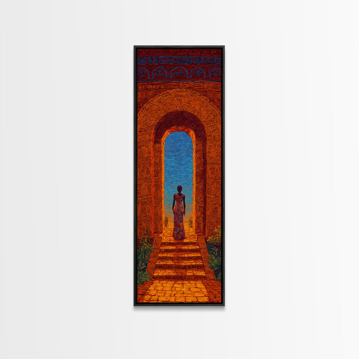 African Woman In Ornate Arch Wall Art, Blue Sea Doorway Painting, Afrocentric Decor, Cultural Travel Canvas Print Gift Idea