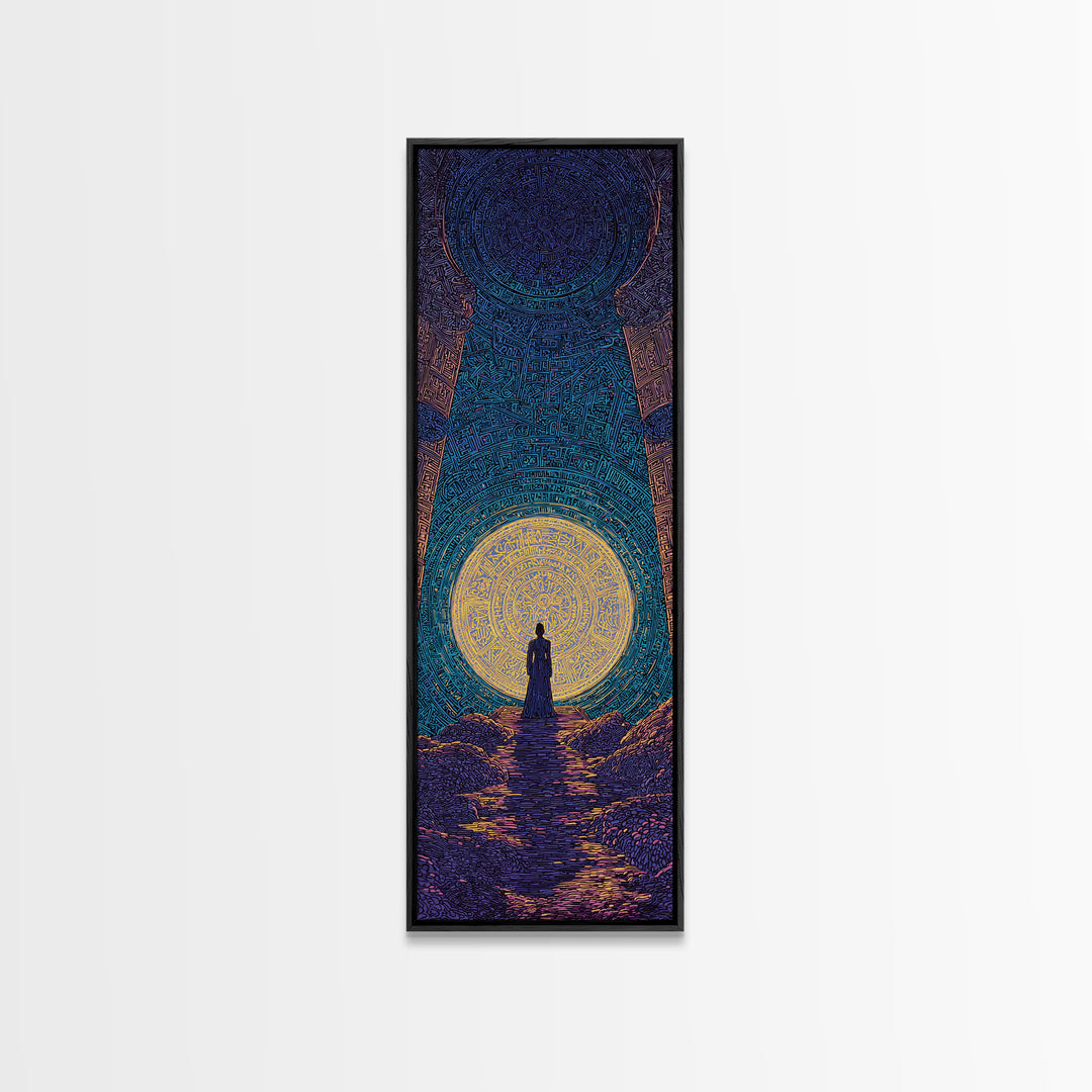 Mystic African Woman Before Glowing Sun Wall Art, Spiritual Cave Portal, Afrocentric Landscape, Dreamy Black Culture Decor
