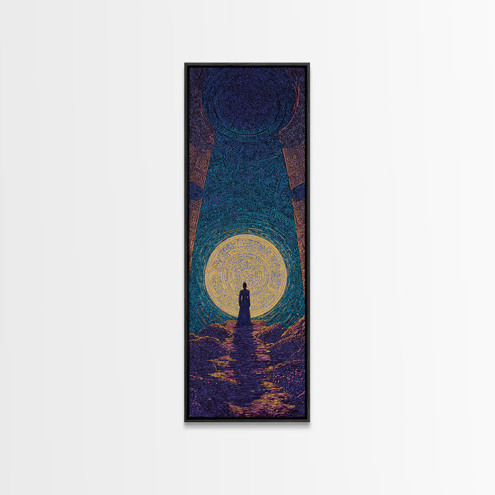Mystic African Woman Before Glowing Sun Wall Art, Spiritual Cave Portal, Afrocentric Landscape, Dreamy Black Culture Decor