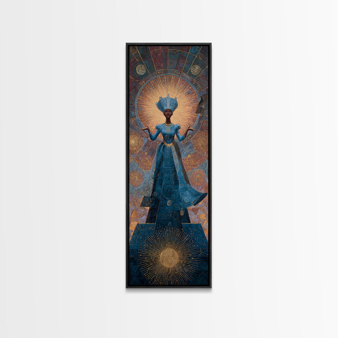 Blue African Goddess With Crown And Radiant Halo Framed Canvas Print, Black Queen Portrait, Afrocentric Luxury Wall Decor